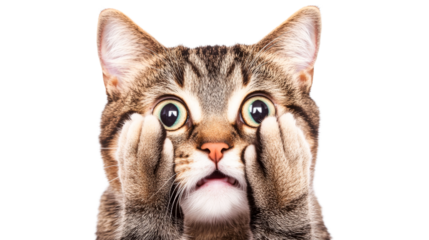 Scared tabby cat hides behind paws, wide eyed surprise, cut out transparent