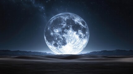 Fototapeta premium Illuminated Full Moon Rising Over Calm Ocean with Starry Night Sky and Expansive Horizon