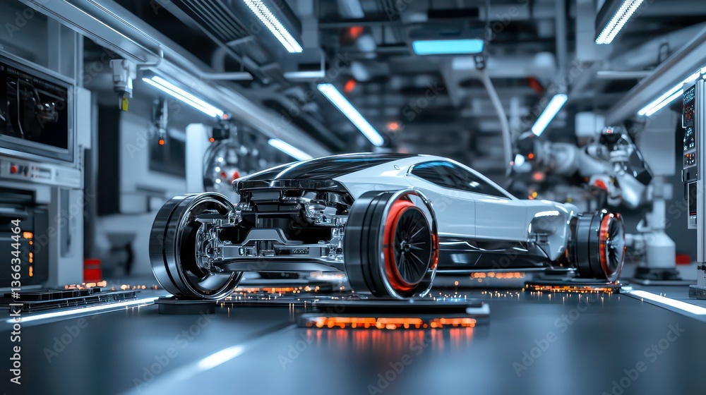 Poster futuristic electric vehicle assembly line in state-of-the-art plant. automated robots work on chassi