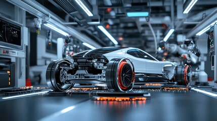Fototapeta premium Futuristic electric vehicle assembly line in state-of-the-art plant. Automated robots work on chassis. Sparks fly. Modern manufacturing process with high tech. Clean energy vehicles. Efficient