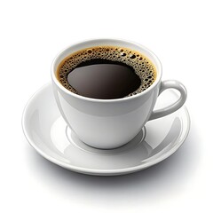 Obraz premium A steaming cup of rich black coffee, promising a comforting morning ritual, showcased in crisp, clean studio lighting against a stark white background.