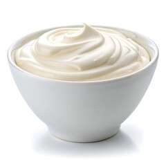 Creamy swirls of delicious mayonnaise in a pristine white bowl, a simple yet elegant presentation against a bright white background.
