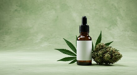CBD Oil Bottle with Cannabis Bud - Blank Label Mockup for Branding
