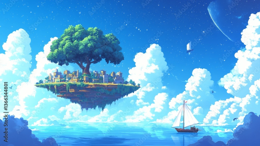Poster a surreal floating island with a massive tree and small village suspended in the sky, surrounded by 