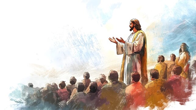 Jesus Preaching Sermon on Mount Biblical Religious Illustration