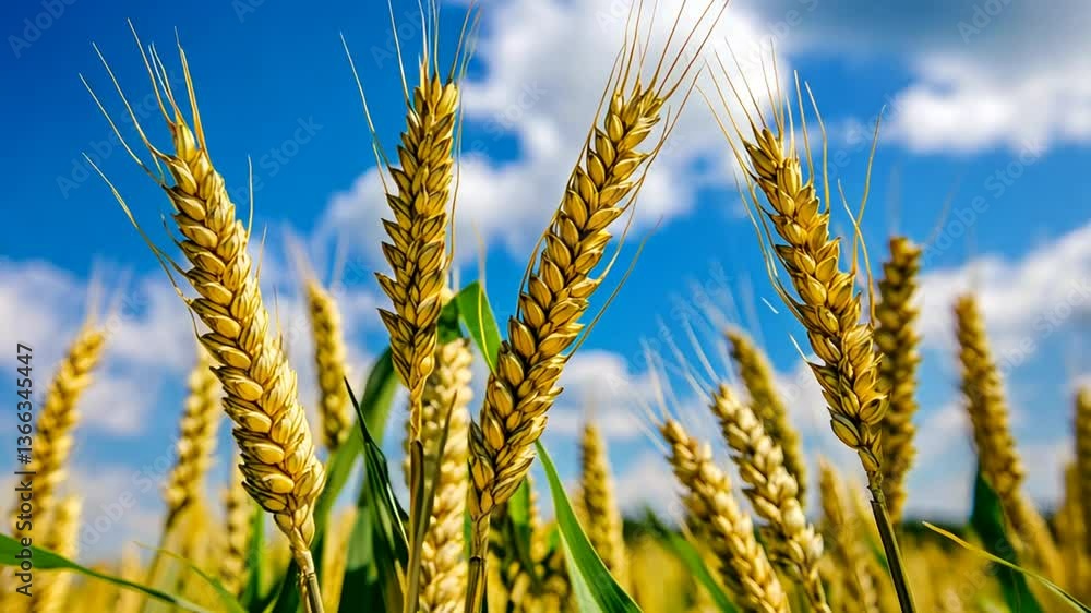Poster wheat field with golden spikes under a blue sky and clouds generative ai