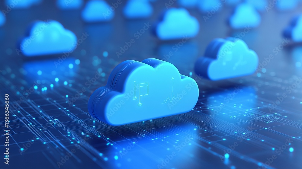 Poster 3d illustration of cloud computing with blue cloud: secure digital technology