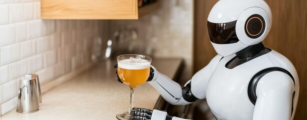 Retro Futurism, stylized robot bartender in a mid-century modern diner, mixing futuristic drinks under warm, nostalgic lighting