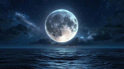 Majestic Full Moon Illuminating Ocean Waters Under a Starry Night Sky