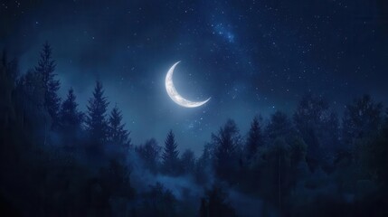Majestic Crescent Moon Illuminating a Starry Night Sky Over a Tranquil Forest Landscape
