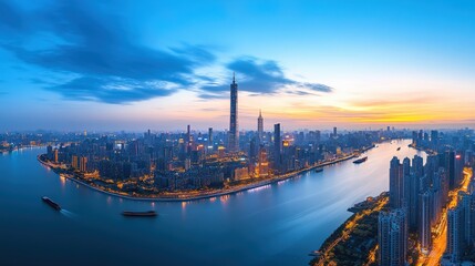 Fototapeta premium Aerial View of a Modern Asian City at Sunrise