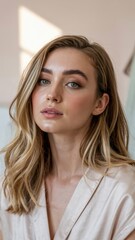 A photograph of a woman with a natural makeup look, featuring flawless skin with a subtle dewy finish and minimal, soft eyeshadow