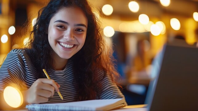 A college girl studying in a soft-lit classroom with a joyful grin