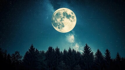 Majestic Full Moon Illuminating Starry Sky Over Silhouetted Forest at Night
