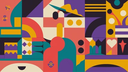 Obraz premium A stylized illustrative graphic with bold, vibrant colors and simplified geometric shapes forming a whimsical, modern pattern. Whimsical abstract elements intertwine with decorative lines