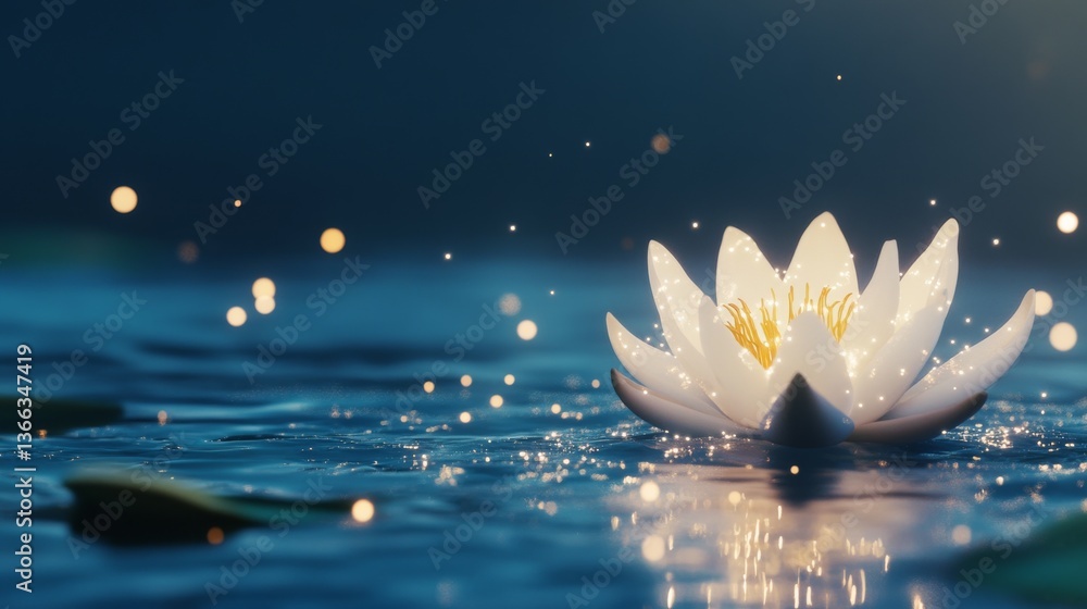 Poster a calming scene of a glowing water lily with delicate sparkles, gently resting on still water at nig