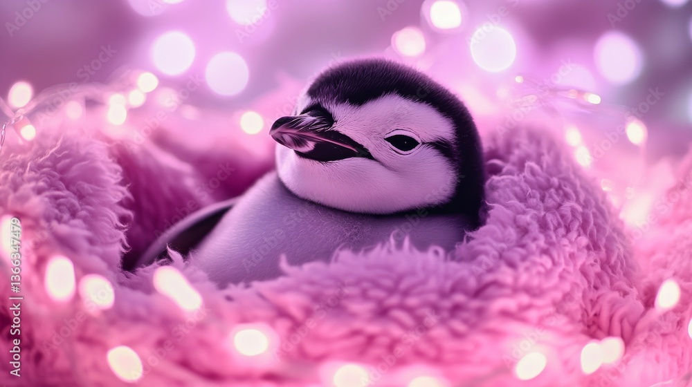 Poster a close-up of a penguin chick nestled in a plush pink blanket, surrounded by glowing fairy lights. t