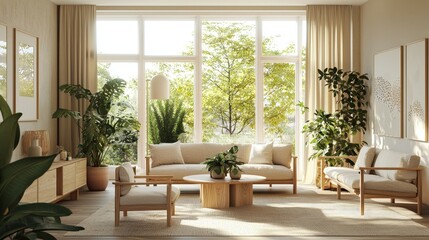 Fototapeta premium Modern serene living room with large windows, natural light, and lush greenery