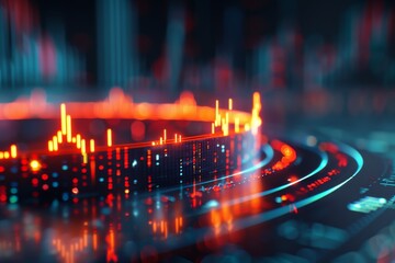 Futuristic 3d hud interface with neon circular dashboard and financial graphs on dark background