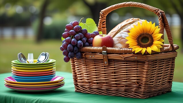 A woven picnic basket overflowing with colorful fruit, a crusty loaf of bread, and bright sunflowers on top