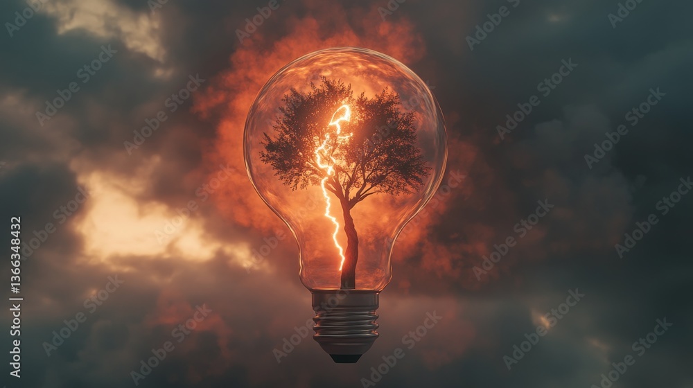Poster a surreal digital artwork of a tree encased within a glowing light bulb, surrounded by fiery lightni