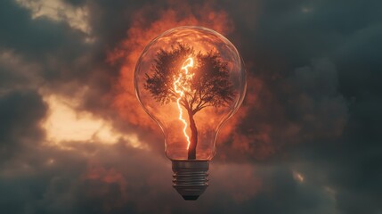 A surreal digital artwork of a tree encased within a glowing light bulb, surrounded by fiery lightning and dramatic storm clouds. Ideal for concepts like energy, creativity, and innovation.. AI