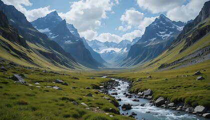 Obraz premium Scenic Valley View with River Flowing Through Green Meadow and Mountains