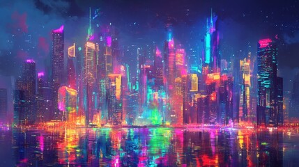 Fototapeta premium A Beautiful Glowing Metropolis Illuminated With Colorful Reflections At Night