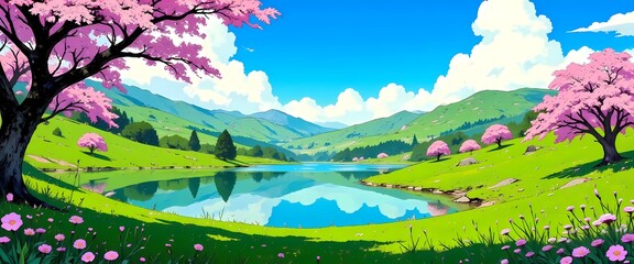 Fototapeta premium Tranquil Spring Landscape with Cherry Blossom Trees and Lake