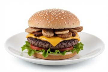 Mushroom Swiss Burger on a White Plate: Juicy Beef Patty, Cheese, Lettuce, Tomato & Sesame Bun. Gourmet Meal 