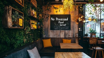 A cozy café interior with greenery, wooden accents, and a sign reading 'No Processed Food Served.'
