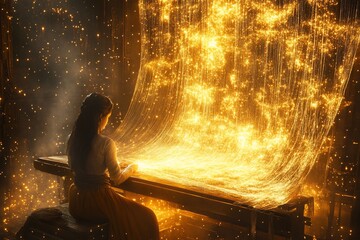 Enigmatic weaver bathed in ethereal golden light crafting luminous tapestry