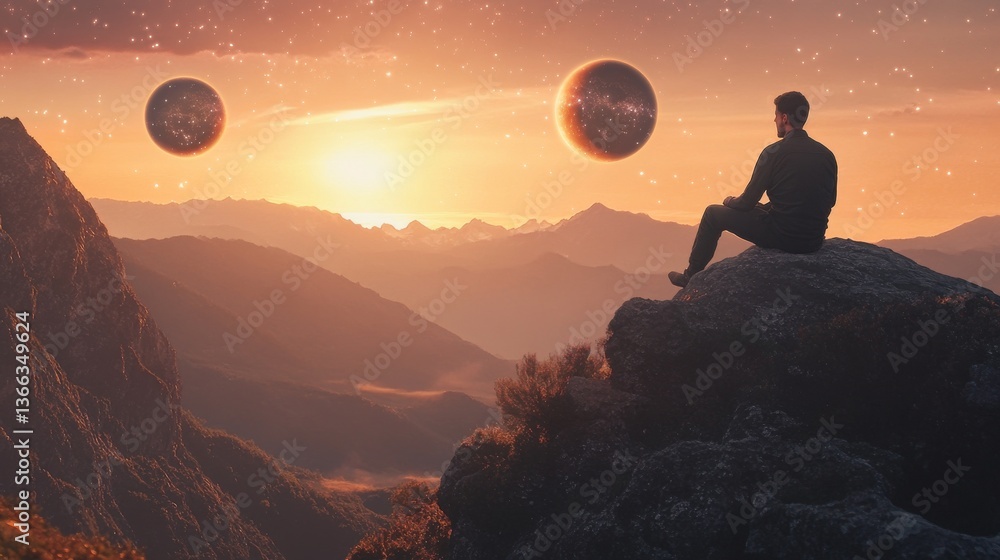 Poster a man sits on a rocky peak, gazing at twin planets amidst a colorful sunset. the tranquil setting em