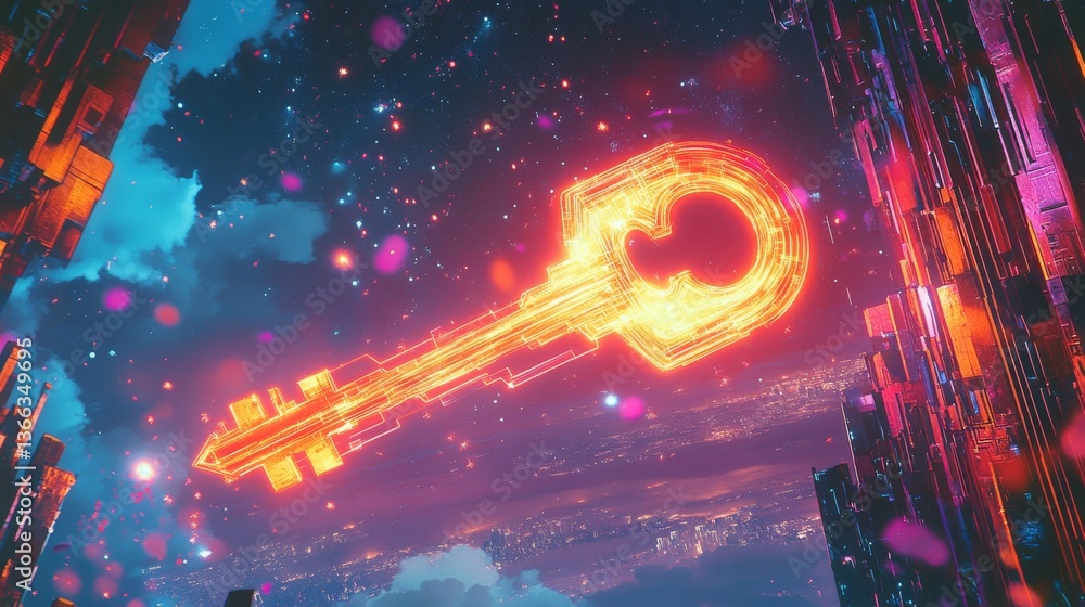 Poster a bright, glowing key designed with futuristic elements, floating amidst a surreal cyberpunk citysca