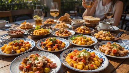 Obraz premium A summer tapas spread on a wooden table in Spain, featuring small plates with a variety of dishes such as patatas bravas, olives, chorizo, calamari, and fresh bread. The scene is set outdoors