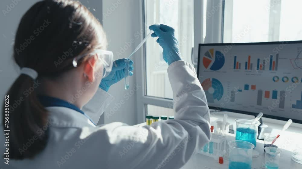Aufkleber A dedicated scientist in a lab coat and goggles uses a pipette in a brightly lit lab with colorful test tubes and data on a screen, creating an atmosphere of innovation and discovery
