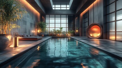 Fototapeta premium Serene Spa Oasis: A tranquil indoor pool setting with soft lighting and luxurious amenities, offering a peaceful retreat and inviting relaxation.