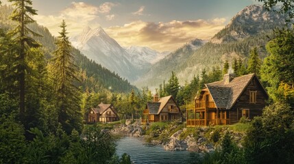 Fototapeta premium Serene Mountain Cabins: Capture the stunning beauty of mountain scenery with charming cabins nestled amongst lush evergreen trees, with tranquil lake.