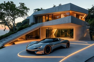 Futuristic sports car parked in front of modern concrete luxury home at sunset