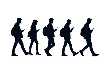 Silhouettes of people walking with phones, cut out transparent