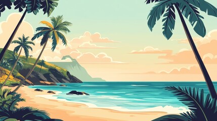 Fototapeta premium Coastal Paradise: A picturesque beach scene, adorned with palm trees, embraces the tranquil turquoise ocean under a soft, pastel sky, creating a serene escape