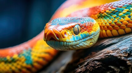 Fototapeta premium Colorful snake close-up view on log. Vibrant colors create striking pattern. Tropical wildlife nature scene. Reptile animal. Wildlife photo. Macro detail of colorful snake. Detail focus on snake