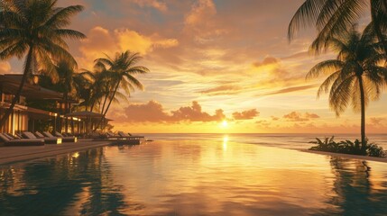 Tropical Paradise at Sunset: A breathtaking view of a luxurious beachfront resort at sunset. Palm trees sway gently.