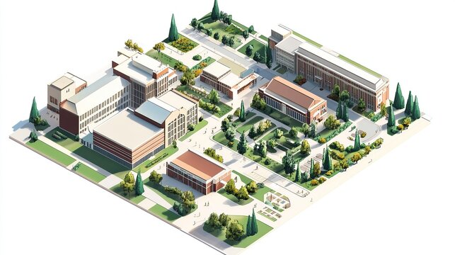 Isometric view of modern college campus isolated on white background
