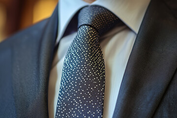 Elegant businessman wearing a stylish suit and luxury tie, close-up detail