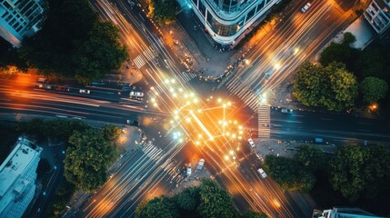 An AI powered system optimizing traffic light control for reducing urban congestion, busy city intersection with real-time traffic data and AI-driven light management, Smart city technology style