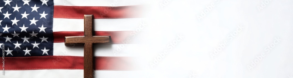 Aufkleber top view of an american flag with a christian cross on a white background, banner design, isolated o