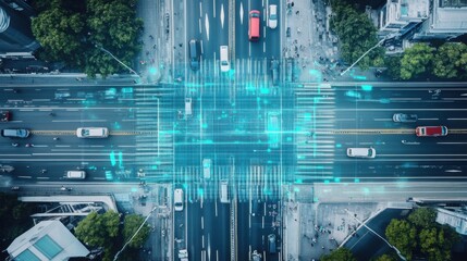 An AI powered system optimizing traffic management by analyzing real time vehicle flow and road conditions, futuristic AI-driven urban traffic control system, Transportation technology style
