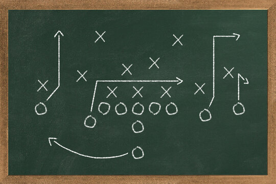 Football play strategy drawn out on a chalk board