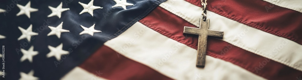 Poster an american flag with a white background, featuring a cross hanging the focus is on the flag's stars